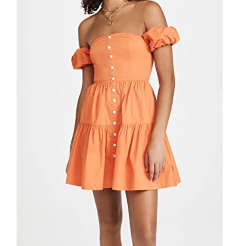 STAUD Elio Summer Mini Dress Off Shoulder Button Front Nectarine Orange Sz 12 - Picture 2 of 8